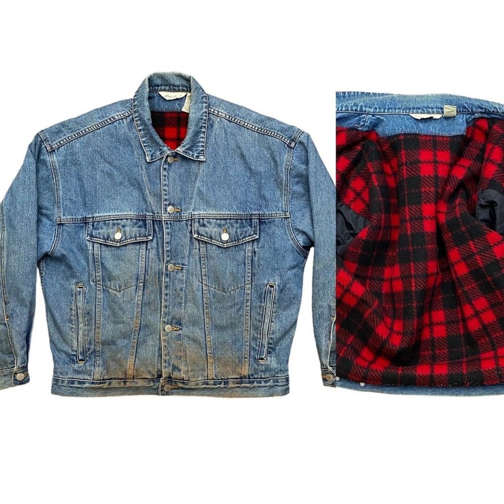 Eddie Bauer Men's Sz M Medium Plaid Flannel Lined Denim Trucker Jacket Coat Vntg